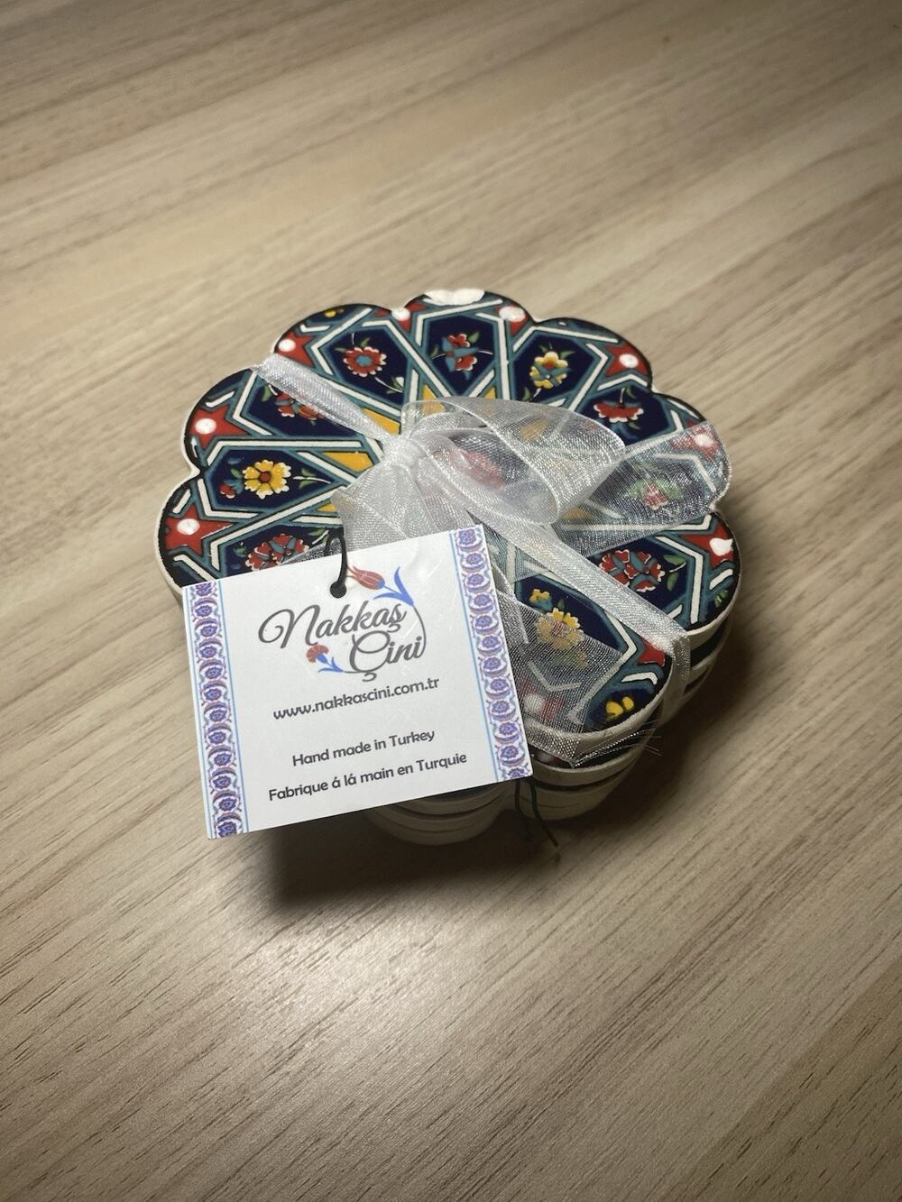 Nakkas Cini Turkey Ceramic Set of 4" Coasters - New - Blue Yellow Red White